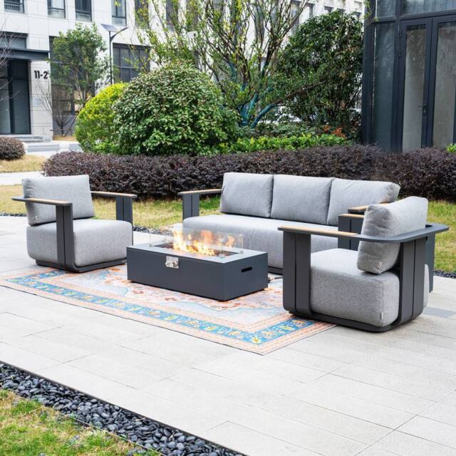 MIMO 5-Seater Garden Aluminum Teak Armrest Sofa Set with Iron Firepit Table in Grey - Size: 1 Pack - image 1