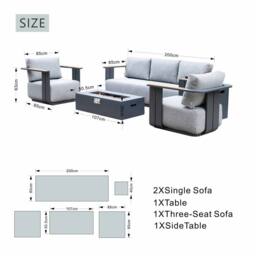 MIMO 5-Seater Garden Aluminum Teak Armrest Sofa Set with Iron Firepit Table in Grey - Size: 1 Pack - thumbnail 9