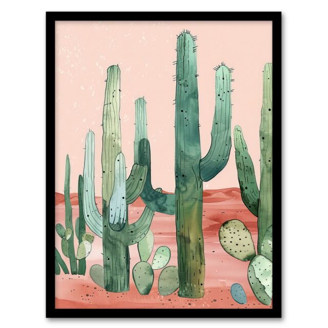 Artery8 Saguaro Cactus Pink Mexican Desert Landscape Framed Wall Art - Size: A4 - image 1
