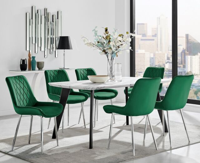 FurnitureboxUK Andria Marble Effect Dining Table With Black Legs & 6 Pesaro Velvet Silver Leg Chairs in Green - image 1