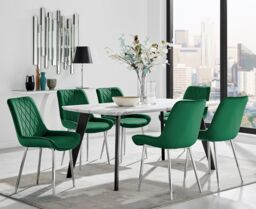 FurnitureboxUK Andria Marble Effect Dining Table With Black Legs & 6 Pesaro Velvet Silver Leg Chairs in Green - thumbnail 1