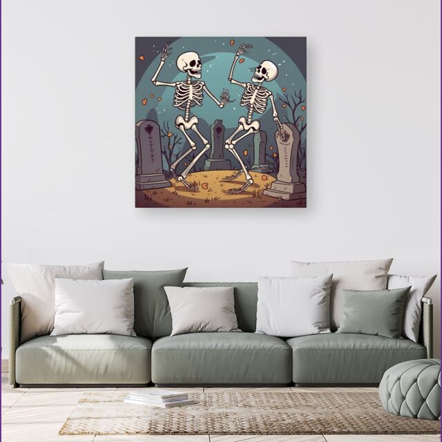 Warren Reed - Designer Dancing Skeletons In A Graveyard Canvas in Black - Size: w40 inch x h40 inch - image 1