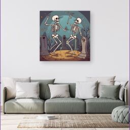 Warren Reed - Designer Dancing Skeletons In A Graveyard Canvas in Black - Size: w40 inch x h40 inch - thumbnail 1
