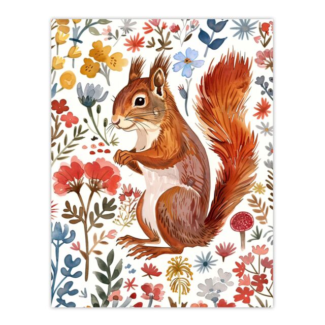 "Artery8 Cute Red Squirrel Bright Floral Watercolour Wall Art Print - Size: W12"" x H16""" - image 1
