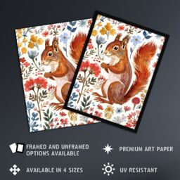 "Artery8 Cute Red Squirrel Bright Floral Watercolour Wall Art Print - Size: W12"" x H16""" - thumbnail 2