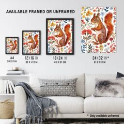 "Artery8 Cute Red Squirrel Bright Floral Watercolour Wall Art Print - Size: W12"" x H16""" - thumbnail 3
