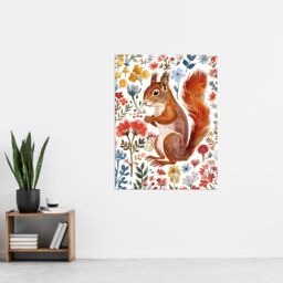 "Artery8 Cute Red Squirrel Bright Floral Watercolour Wall Art Print - Size: W12"" x H16""" - thumbnail 4