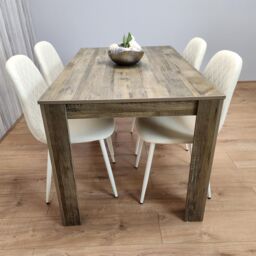 KOSY KOALA Rustic Effect Wooden Dining Table & 4 Cream Gem Pattern Chairs - Dining Furniture Set in Brown - thumbnail 7