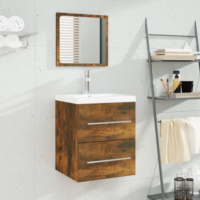 Berkfield Home Sink Cabinet with Built-in Basin Smoked Oak Engineered Wood in Brown - image 1