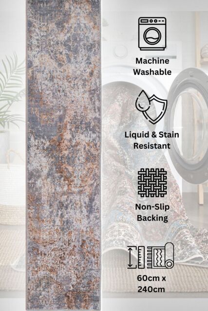 Kukoon Washable Runner Rug Grey Abstract Long Hallway Carpet Mat 60cm x 240cm in Metallics - Size: 60 cm x 240 cm - image 1