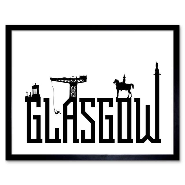 "Wee Blue Coo Glasgow City Scotland Landmarks Silhouettes 12x16"" Framed Art Print in White - Size: W12"" x H16""" - image 1