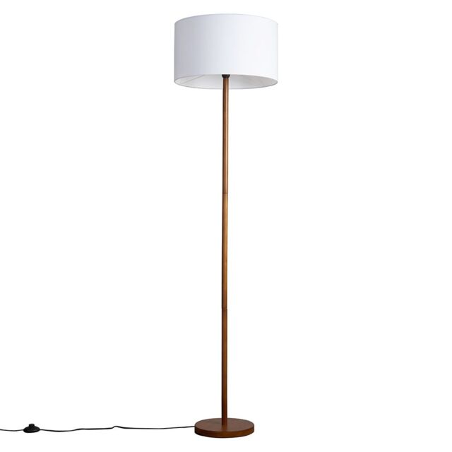 ValueLights Heather Dark Wood Floor Lamp with Fabric Drum Shade & LED Bulb in Natural - image 1