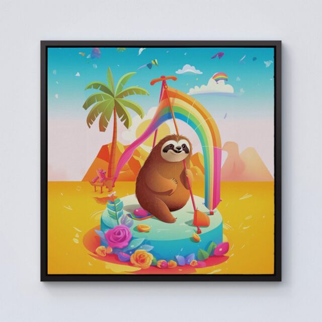 "Warren Reed - Designer Sloth On A Beach Holiday Framed Canvas in Black - Size: W16"" x H16""" - image 1