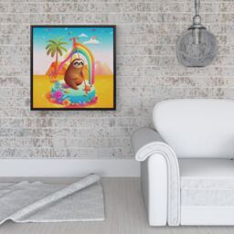 "Warren Reed - Designer Sloth On A Beach Holiday Framed Canvas in Black - Size: W16"" x H16""" - thumbnail 2