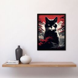 "Artery8 Wall Art Print Ukiyo Japan Black Cat Red Black White Modern Artwork Painting Art Framed - Size: W12"" x H16""" - thumbnail 4