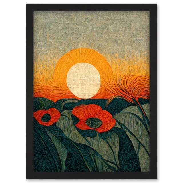 Artery8 Abstract Sunrise Over Poppy Meadow William Morris Style Artwork Framed Wall Art Print A4 in Black - image 1