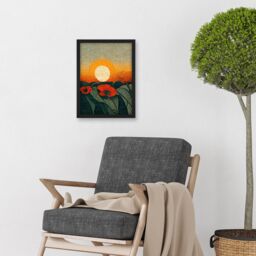 Artery8 Abstract Sunrise Over Poppy Meadow William Morris Style Artwork Framed Wall Art Print A4 in Black - thumbnail 2
