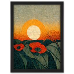 Artery8 Abstract Sunrise Over Poppy Meadow William Morris Style Artwork Framed Wall Art Print A4 in Black - thumbnail 1