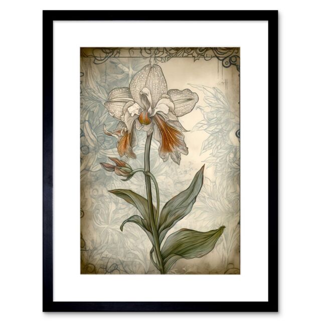 "Artery8 Wall Art Print Single Orchid Flower Pastel Colour Art Nouveau Artwork Framed 9X7 Inch in Black - Size: W7"" x H9""" - image 1