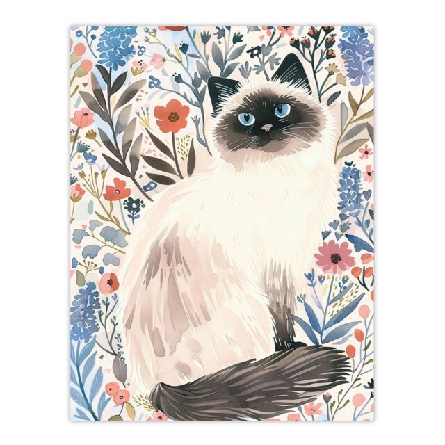 "Artery8 Cat Lover Cute Birman in Lavender Flowers Wall Art Print - Size: W12"" x H16""" - image 1