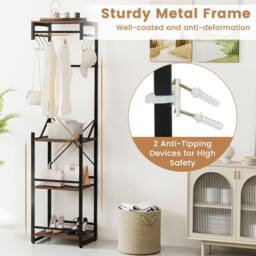 Costway Freestanding Coat Rack Slim Hall Tree w/ 4 Storage Shelves & Hooks in Brown - thumbnail 8