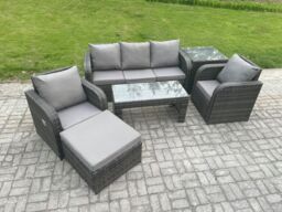 Fimous Wicker PE Rattan Garden Furniture Set Outdoor Lounge Sofa Set with Reclining Chair Coffee Table Side Table in Dark Grey - thumbnail 2
