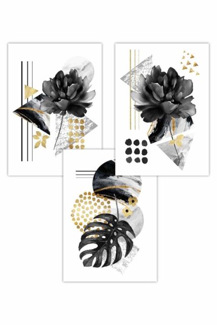 ARTZE Set of 3 Abstract Black & Gold Botanical Art Posters - Size: W30 cm x H42 cm - image 1