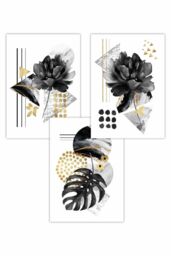 ARTZE Set of 3 Abstract Black & Gold Botanical Art Posters - Size: W30 cm x H42 cm - thumbnail 1