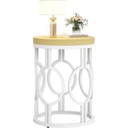 VOGREX Round End Table, Farmhouse Side Table with Metal Hollow Frame in Beige