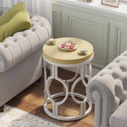 VOGREX Round End Table, Farmhouse Side Table with Metal Hollow Frame in Beige - thumbnail 6
