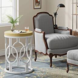 VOGREX Round End Table, Farmhouse Side Table with Metal Hollow Frame in Beige - thumbnail 4