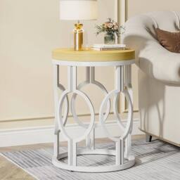 VOGREX Round End Table, Farmhouse Side Table with Metal Hollow Frame in Beige - thumbnail 3