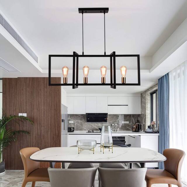 NIVOR 4 E27 Kitchen Island Chandelier, Industrial Rectangular Hanging Pendant in Black - image 1