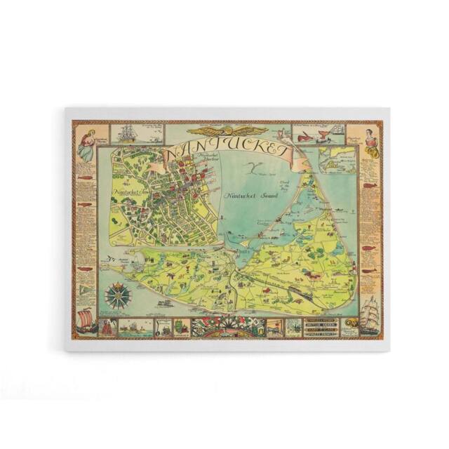 "Artery8 Sutton 1946 Pictorial Map Nantucket Island Canvas Wall Art Print - Size: W18"" x H24""" - image 1