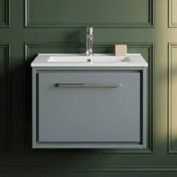 Balterley Modern Bathroom Wall Hung Single Drawer Vanity Unit Basin, Grey, 600mm in Grey - thumbnail 3