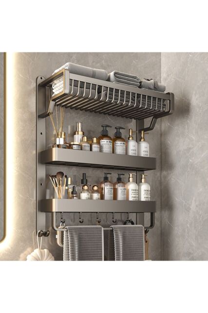 Living and Home 3-Tiers Corner Shower Caddy with Towel Rack Bathroom Storage Shelf Basket Organiser Tidy Tray in Grey - image 1