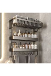 Living and Home 3-Tiers Corner Shower Caddy with Towel Rack Bathroom Storage Shelf Basket Organiser Tidy Tray in Grey