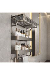 Living and Home 3-Tiers Corner Shower Caddy with Towel Rack Bathroom Storage Shelf Basket Organiser Tidy Tray in Grey - thumbnail 2