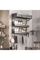 Living and Home 3-Tiers Corner Shower Caddy with Towel Rack Bathroom Storage Shelf Basket Organiser Tidy Tray in Grey - thumbnail 3
