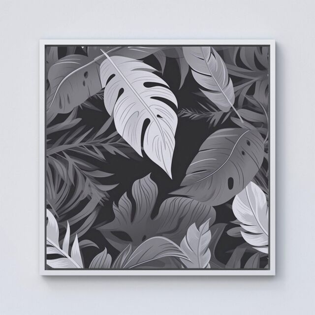 Warren Reed - Designer Black White Tropical Leaves Framed Canvas in Off-White - Size: w10 inch x h10 inch - image 1