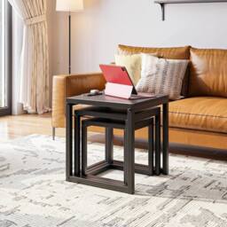 VOGREX 3Pcs Nesting Tables Black Wood Coffee Side Tables Steel Legs - thumbnail 4