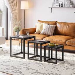 VOGREX 3Pcs Nesting Tables Black Wood Coffee Side Tables Steel Legs - thumbnail 3