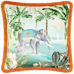 Paoletti Odisha Scene Printed Velvet Cushion - Size: 50 cm x 50 cm - thumbnail 1