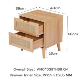 FURNITURE ONE Bedside Table Set of 2, Rattan Chest of 2 Drawers - Natural - Size: 1 Pack - thumbnail 6