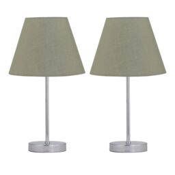 First Choice Lighting Set of 2 Chrome Stick Table Lamps with Sage Green Fabric Shades in Silver - thumbnail 1