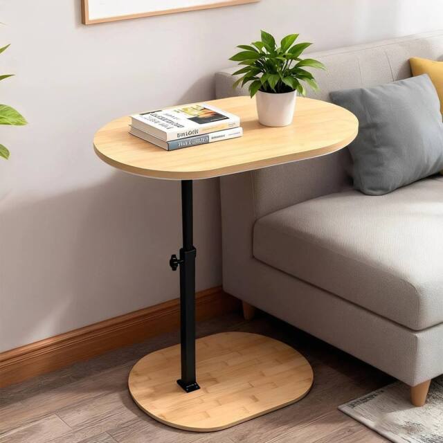 FORGEVIO C-Shaped Bamboo Side Table with Rotating TV Tray in Natural - image 1