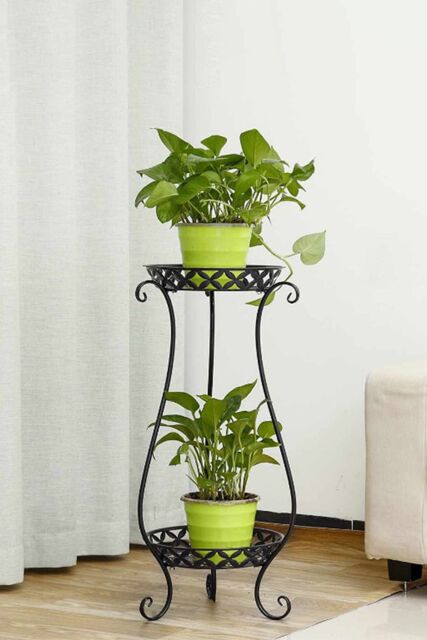Living and Home 2 Tier Tall Vintage Metal Plant Stand Flower Holder Plant Pot Rack in Black - image 1