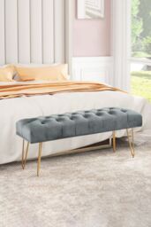 Living and Home Buttoned Velvet Bench Gold Hairpin Legs in Grey