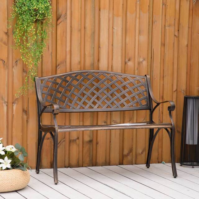 OUTSUNNY Cast Aluminium Garden Bench 2 Seater Antique Park Loveseat, Verdigris in Bronze - image 1