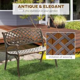 OUTSUNNY Cast Aluminium Garden Bench 2 Seater Antique Park Loveseat, Verdigris in Bronze - thumbnail 4